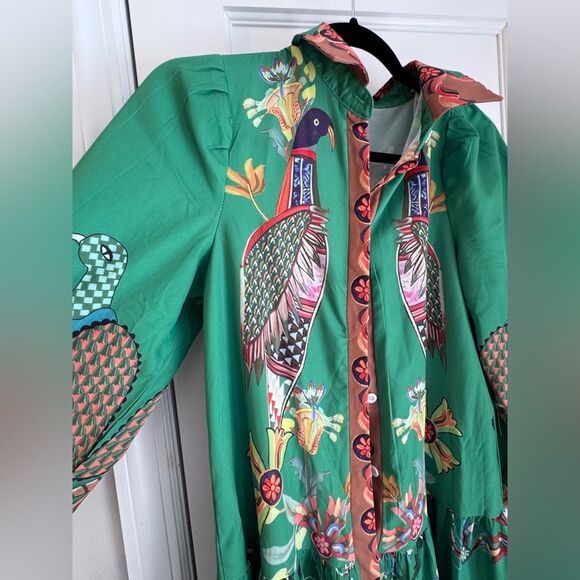 🦚 Alemais-Inspired Green Shirt Dress – EUC – Fall Birds + Button Front 🦚 - Picture 2 of 5